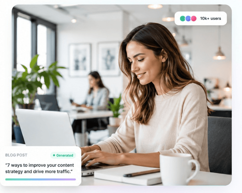Female creator working on laptop with Wordtiva-generated content cards